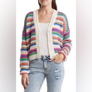 Vigoss Y2K White-Trim Colorful Striped Crochet V-Neck Button-Up Cardigan Size M
